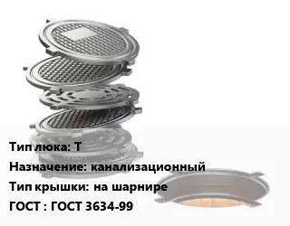 Люк чугунный Т канализационный на шарнире ГОСТ: ГОСТ 3634-99